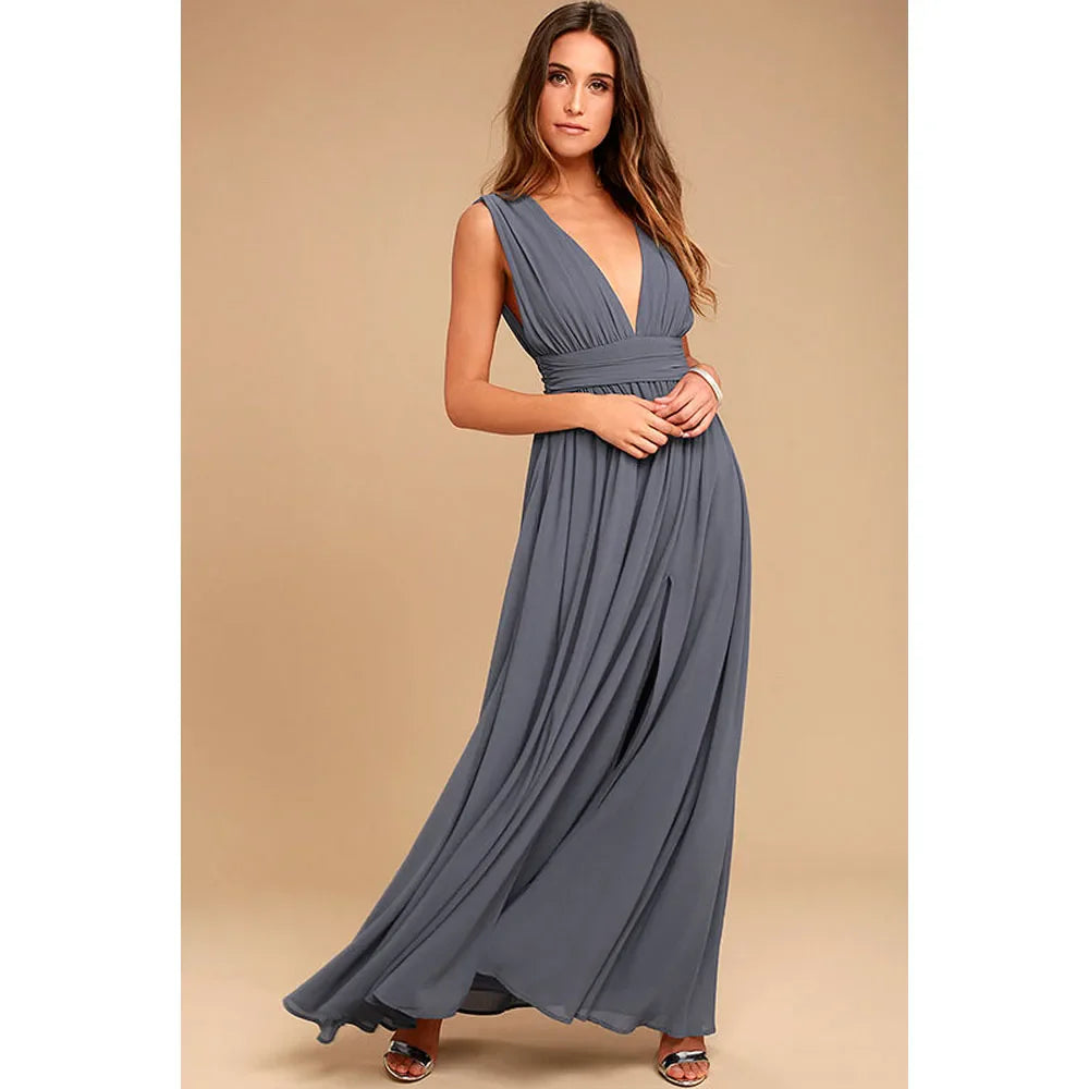 Elegant Dresses- Elegant Chiffon Maxi Dress - Plunging Neckline for Gala Nights- GRAY- Chuzko Women Clothing