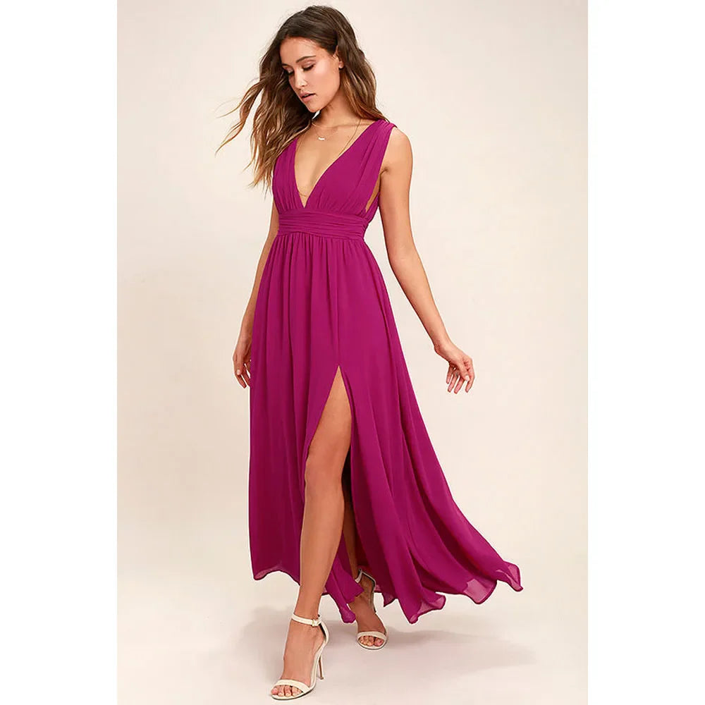 Elegant Dresses- Elegant Chiffon Maxi Dress - Plunging Neckline for Gala Nights- - Chuzko Women Clothing