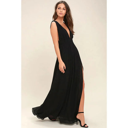 Elegant Dresses- Elegant Chiffon Maxi Dress - Plunging Neckline for Gala Nights- - Chuzko Women Clothing