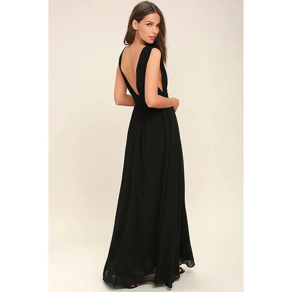 Elegant Dresses- Elegant Chiffon Maxi Dress - Plunging Neckline for Gala Nights- - Chuzko Women Clothing