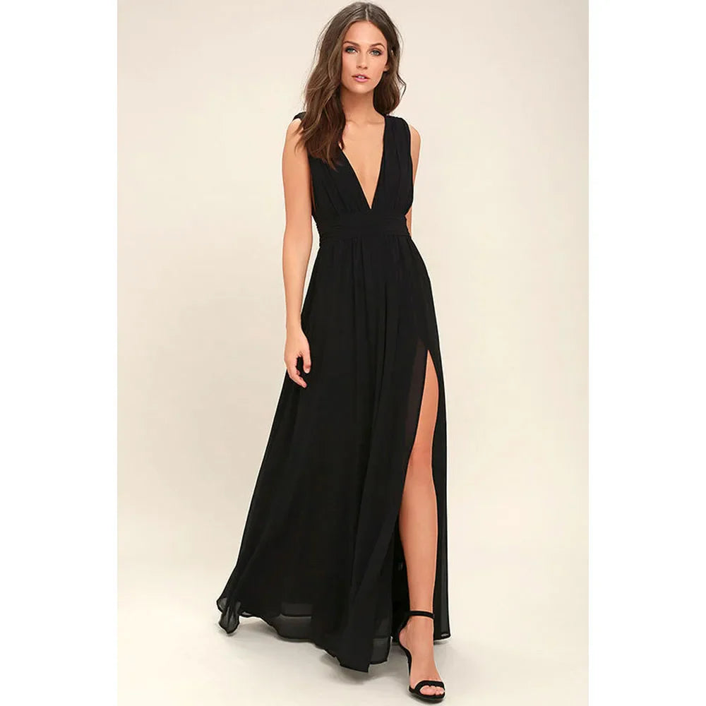 Elegant Dresses- Elegant Chiffon Maxi Dress - Plunging Neckline for Gala Nights- - Chuzko Women Clothing