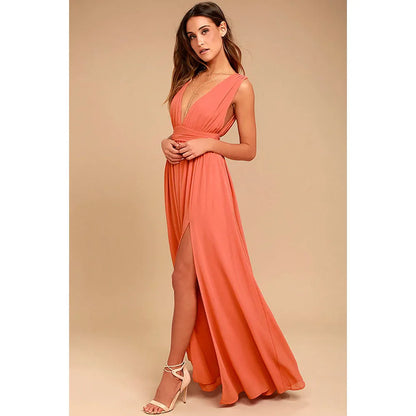 Elegant Dresses- Elegant Chiffon Maxi Dress - Plunging Neckline for Gala Nights- - Chuzko Women Clothing