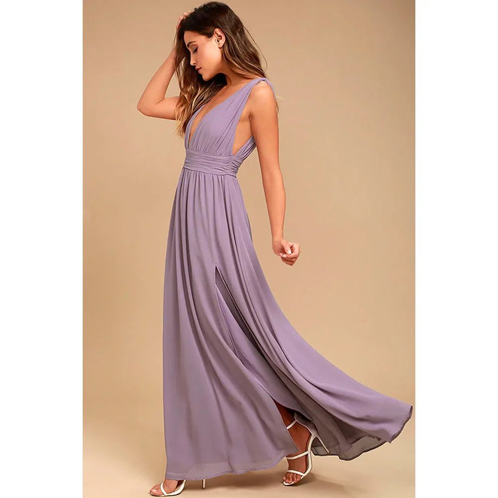 Elegant Dresses- Elegant Chiffon Maxi Dress - Plunging Neckline for Gala Nights- - Chuzko Women Clothing