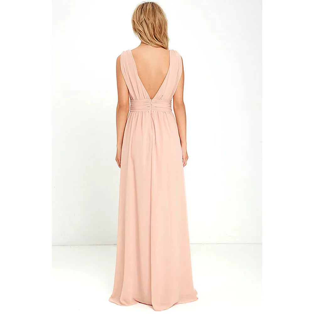 Elegant Dresses- Elegant Chiffon Maxi Dress - Plunging Neckline for Gala Nights- - Chuzko Women Clothing