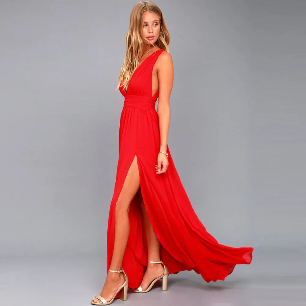 Elegant Dresses- Elegant Chiffon Maxi Dress - Plunging Neckline for Gala Nights- - Chuzko Women Clothing