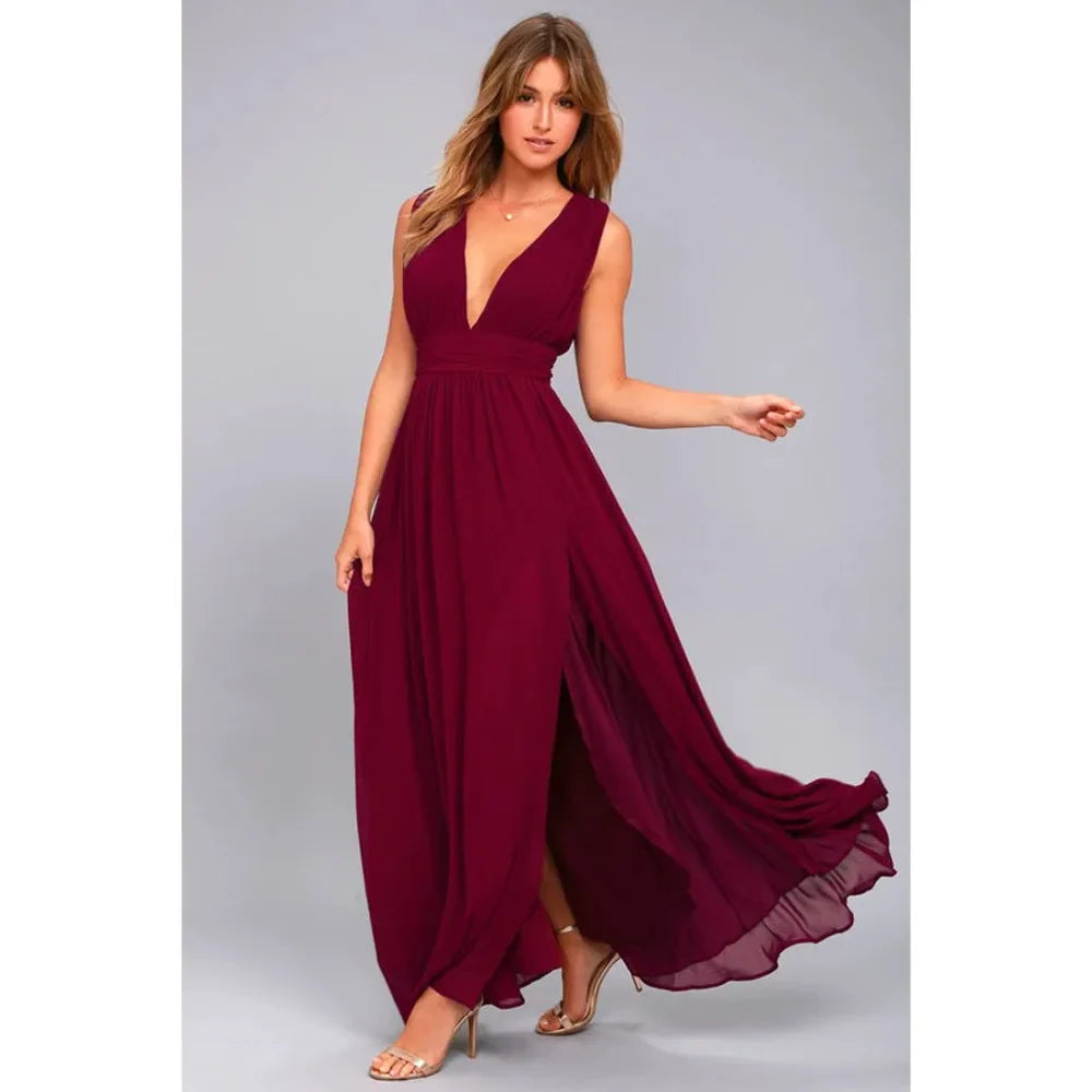 Elegant Dresses- Elegant Chiffon Maxi Dress - Plunging Neckline for Gala Nights- - Chuzko Women Clothing