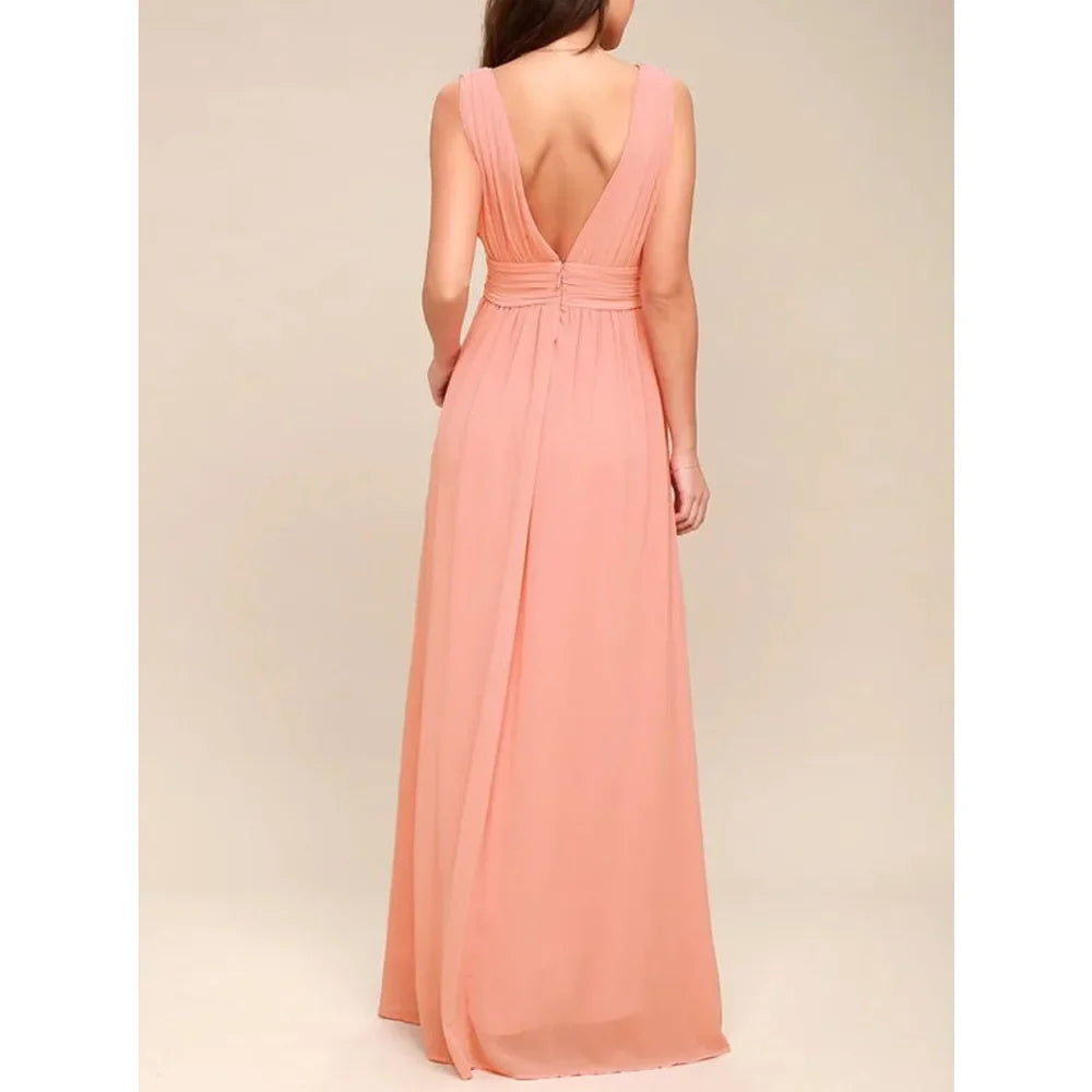 Elegant Dresses- Elegant Chiffon Maxi Dress - Plunging Neckline for Gala Nights- - Chuzko Women Clothing