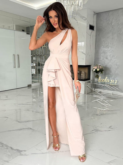 Elegant Dresses- Elegant Evening One-Shoulder Bodycon Overskirt Dress Gown- - Pekosa Women Fashion