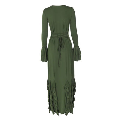 Elegant Dresses- Elegant Flowy Ruffled Evening Dress with Bell Cuffs- - Pekosa Women Fashion