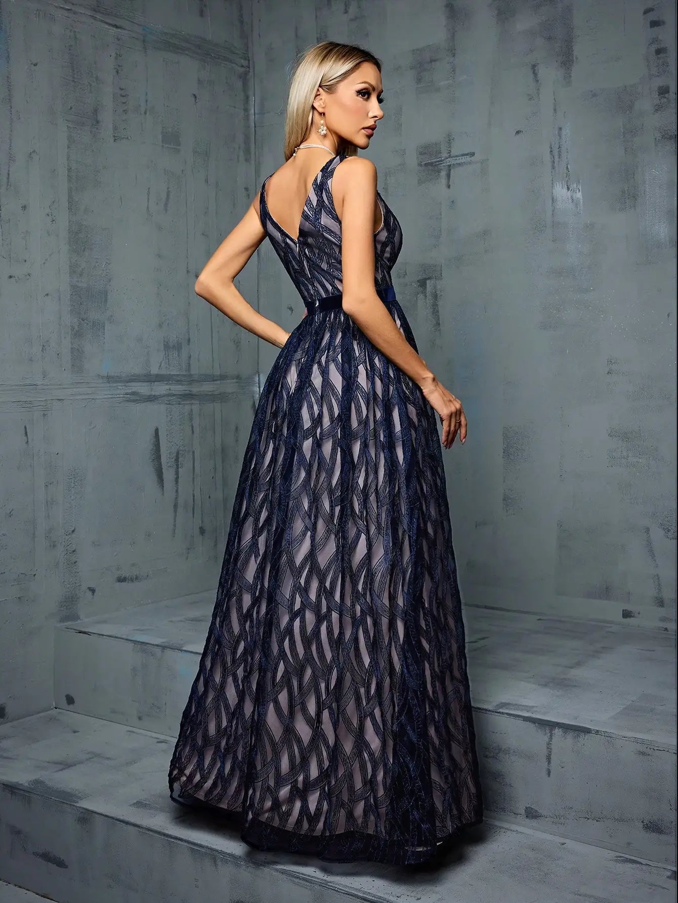 Elegant Dresses - Elegant Navy Evening Gown White Tie Overlay Dress