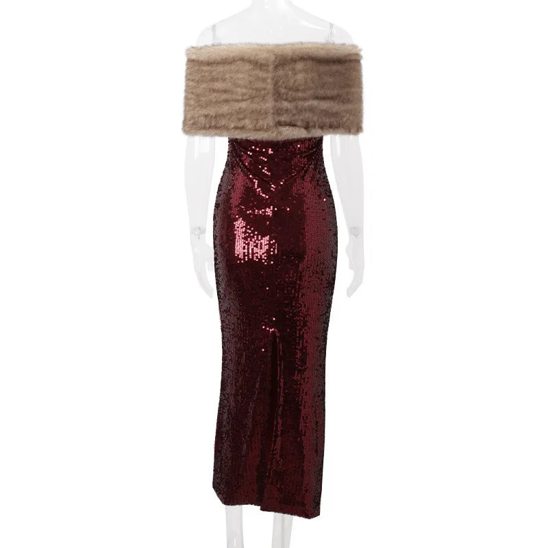 Elegant Dresses - Elegant Off Shoulder Sequin Dress with Faux Fur Shawl