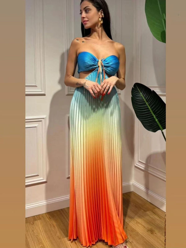 Elegant Dresses - Elegant Ombre Pleated Maxi Dress Gradient Gown