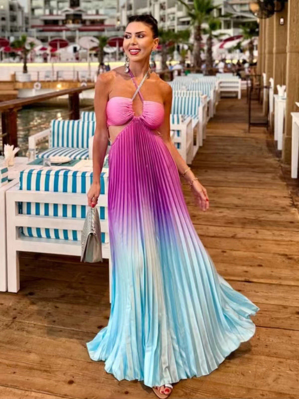 Elegant Dresses - Elegant Ombre Pleated Maxi Dress Gradient Gown