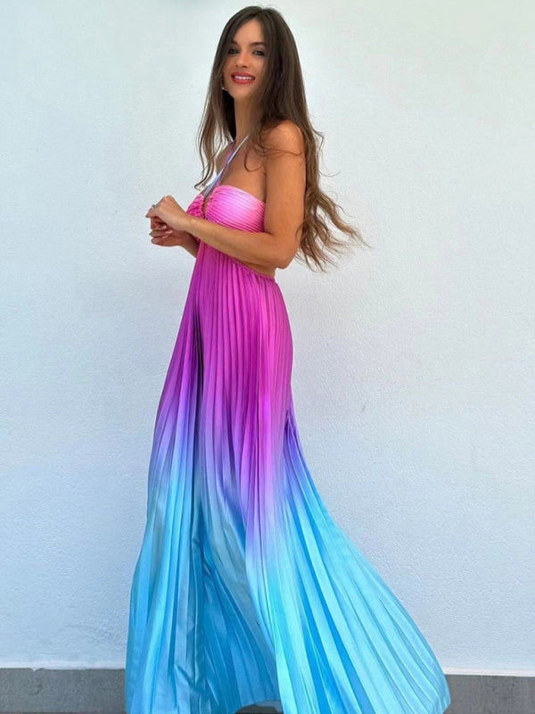 Elegant Dresses - Elegant Ombre Pleated Maxi Dress Gradient Gown