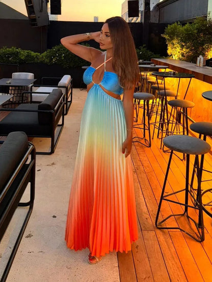 Elegant Dresses - Elegant Ombre Pleated Maxi Dress Gradient Gown