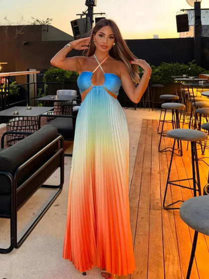 Elegant Dresses - Elegant Ombre Pleated Maxi Dress Gradient Gown