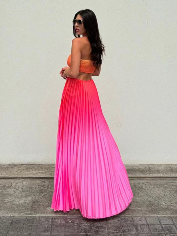 Elegant Dresses - Elegant Ombre Pleated Maxi Dress Gradient Gown