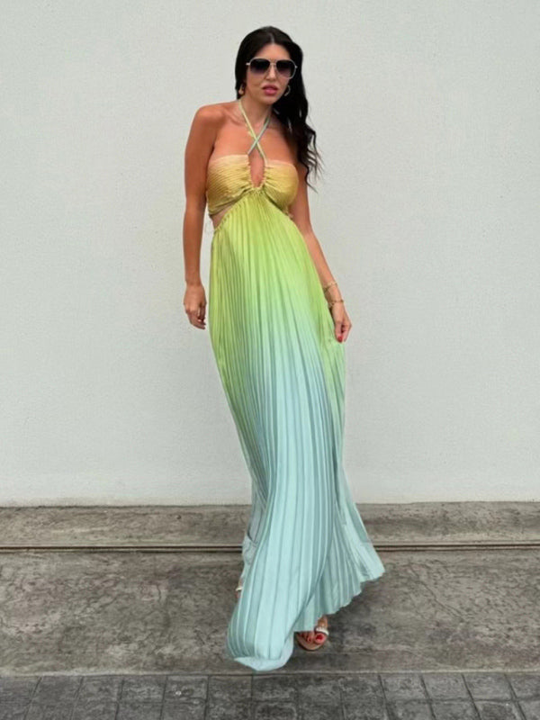 Elegant Dresses - Elegant Ombre Pleated Maxi Dress Gradient Gown