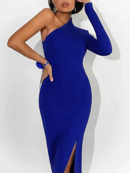 Elegant One-Shoulder Evening Dress with Side Slit