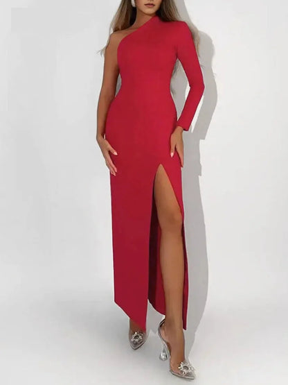 Elegant One-Shoulder Evening Dress with Side Slit