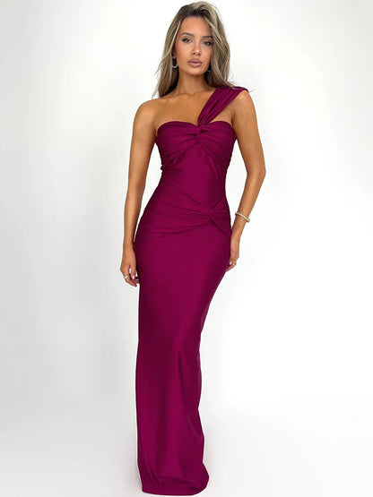 Elegant Dresses- Elegant One-Shoulder Knot-Bust Mermaid Maxi Dress for Weddings- Wine Red- Pekosa Women Fashion