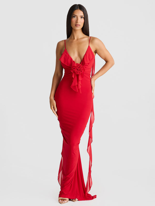 Elegant Dresses - Elegant Red Dress with Chiffon Details Backless Evening Gown