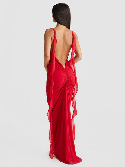 Elegant Dresses - Elegant Red Dress with Chiffon Details Backless Evening Gown