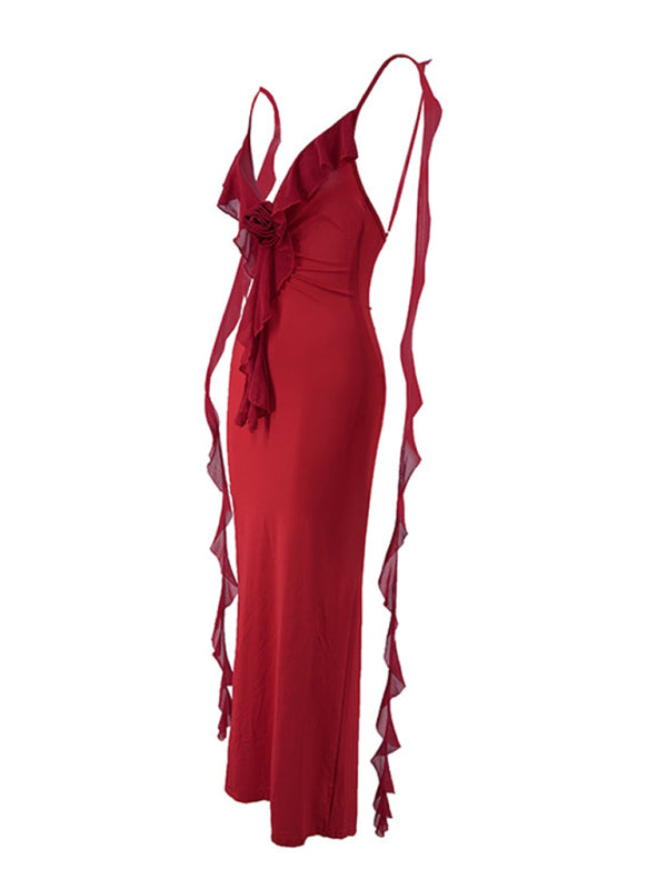 Elegant Dresses - Elegant Red Dress with Chiffon Details Backless Evening Gown