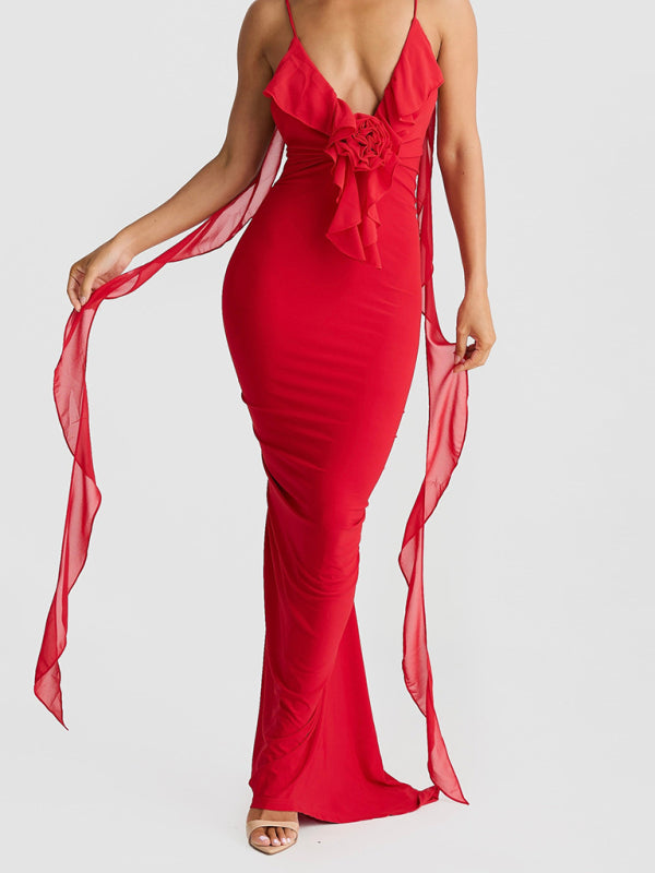 Elegant Dresses - Elegant Red Dress with Chiffon Details Backless Evening Gown