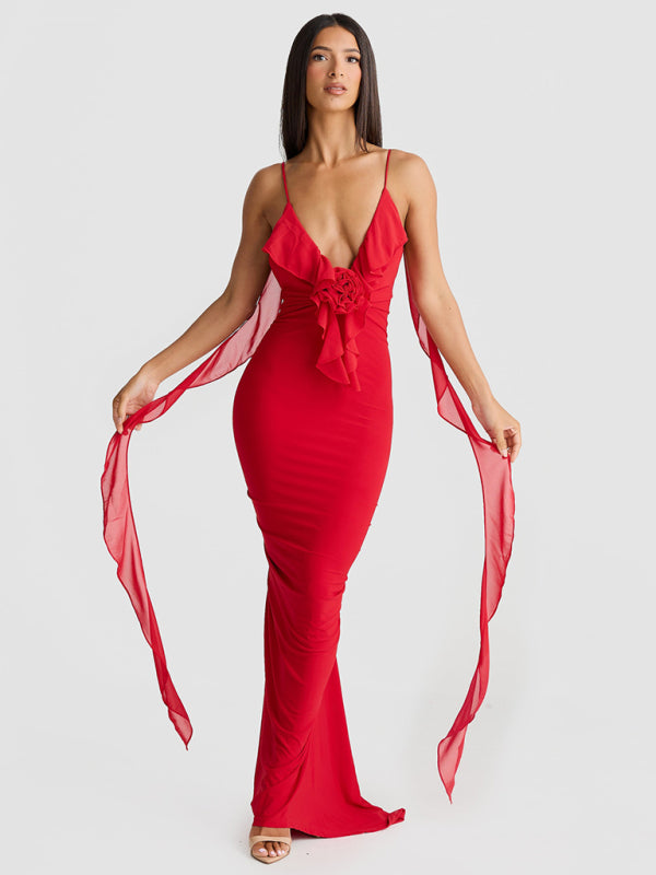 Elegant Dresses - Elegant Red Dress with Chiffon Details Backless Evening Gown