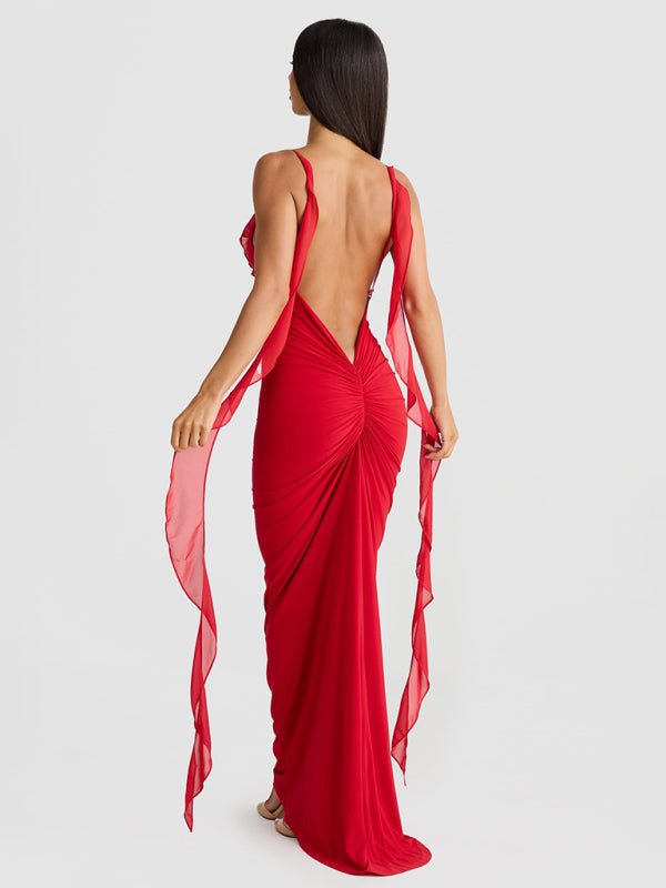 Elegant Dresses - Elegant Red Dress with Chiffon Details Backless Evening Gown