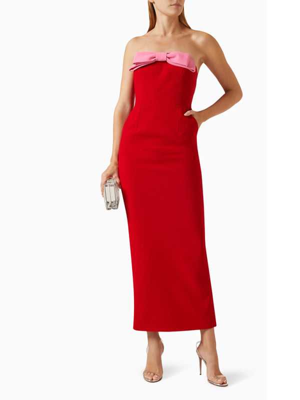 Elegant Dresses - Elegant Red Strapless Midi Dress with Pink Bow