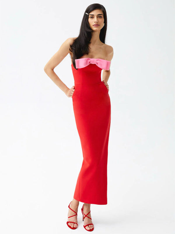 Elegant Dresses - Elegant Red Strapless Midi Dress with Pink Bow