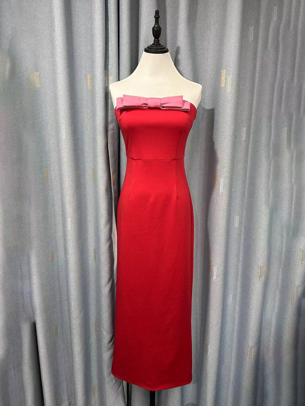 Elegant Dresses - Elegant Red Strapless Midi Dress with Pink Bow