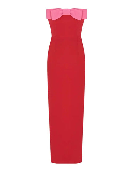 Elegant Dresses - Elegant Red Strapless Midi Dress with Pink Bow