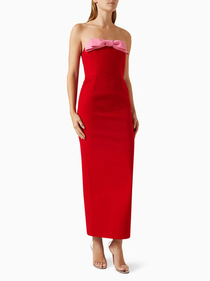 Elegant Dresses - Elegant Red Strapless Midi Dress with Pink Bow