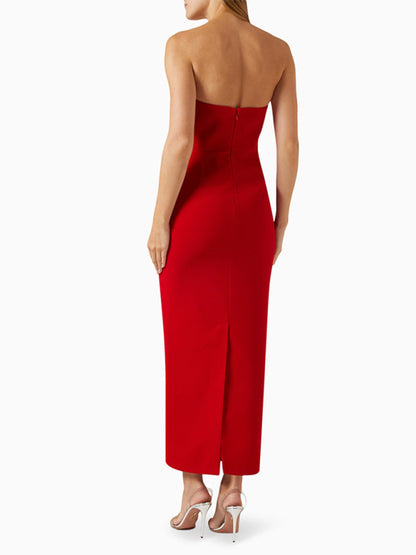 Elegant Dresses - Elegant Red Strapless Midi Dress with Pink Bow