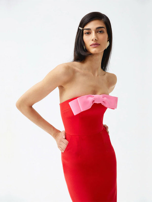 Elegant Dresses - Elegant Red Strapless Midi Dress with Pink Bow