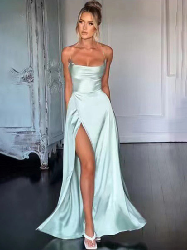 Elegant Dresses - Elegant Satin Evening Gown Backless Floor-Length Dress