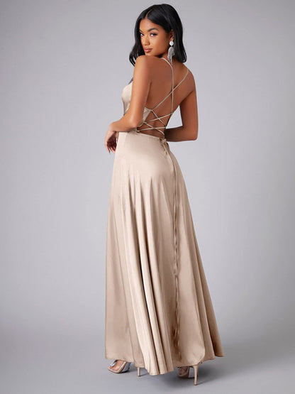 Elegant Dresses - Elegant Satin Evening Gown Backless Floor-Length Dress