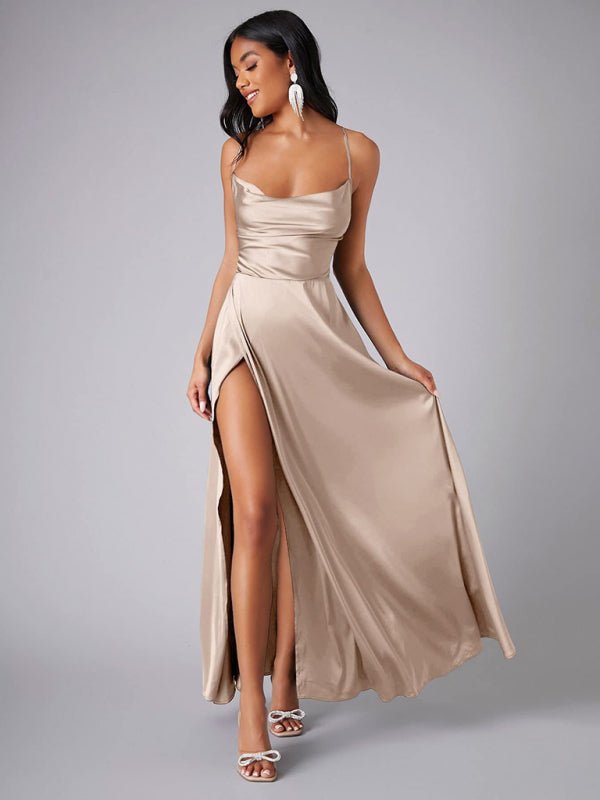 Elegant Dresses - Elegant Satin Evening Gown Backless Floor-Length Dress