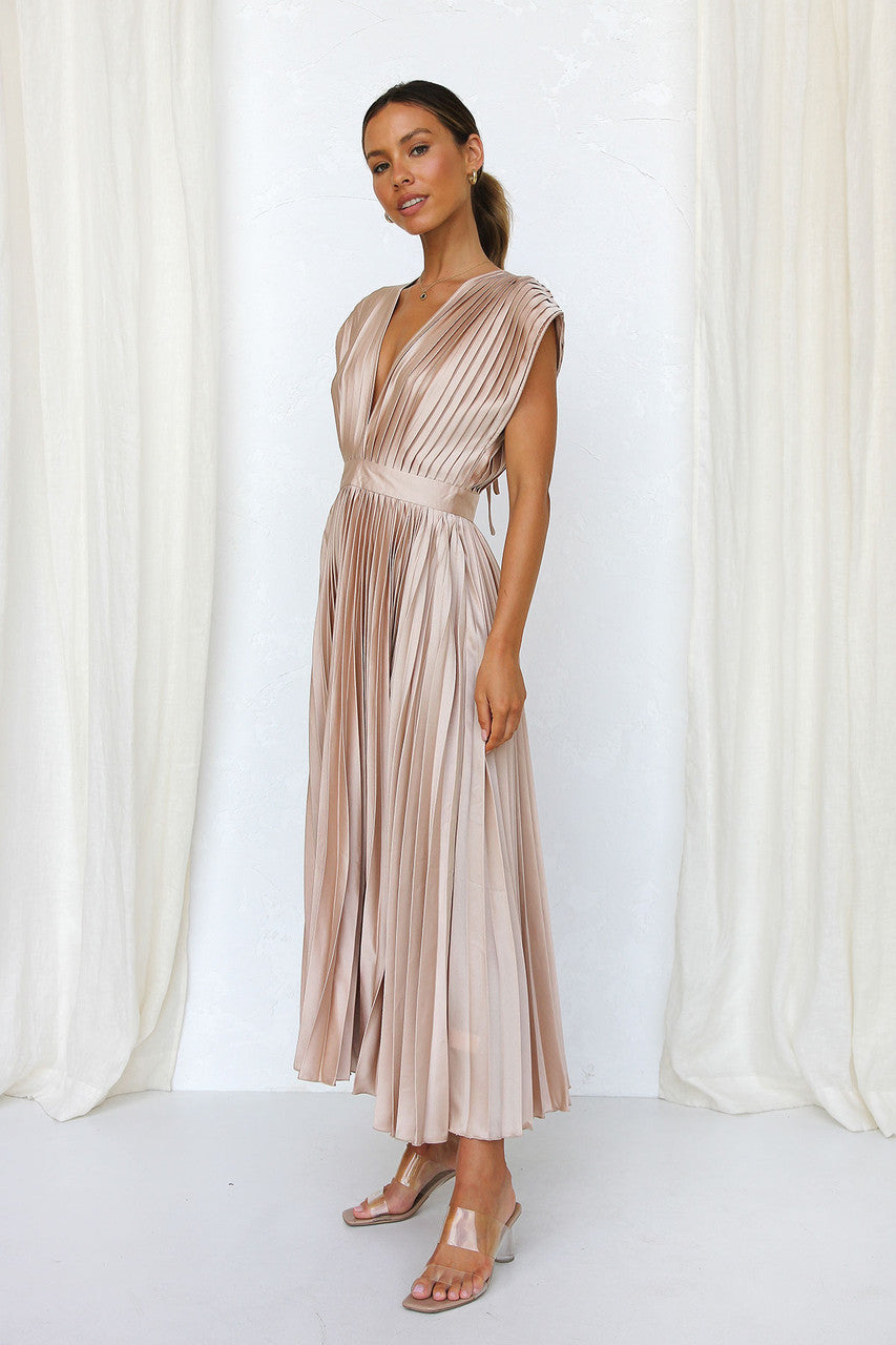 Elegant Dresses- Elegant Satin Pleated Tie-Back Plunge Midi Dress- - Pekosa Women Clothing