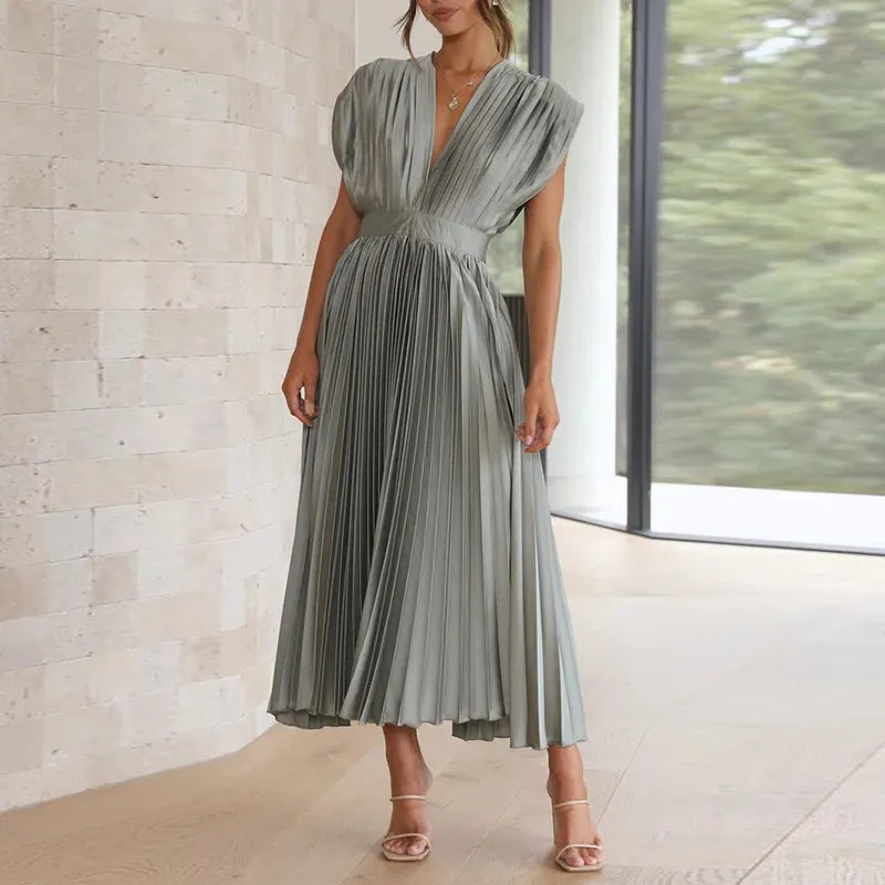 Elegant Dresses- Elegant Satin Pleated Tie-Back Plunge Midi Dress- - Pekosa Women Clothing