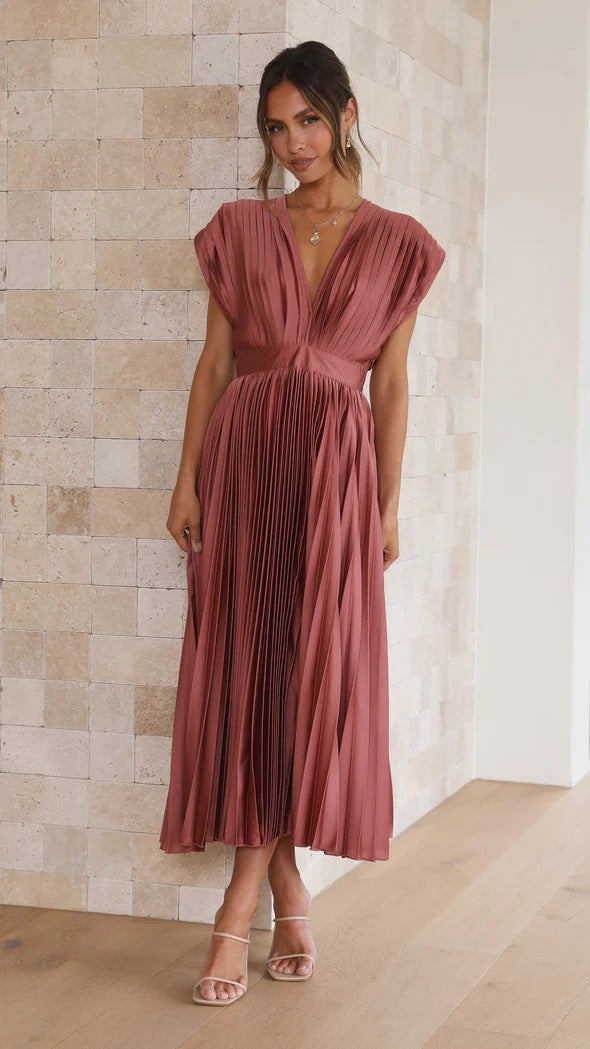 Elegant Dresses- Elegant Satin Pleated Tie-Back Plunge Midi Dress- - Pekosa Women Clothing