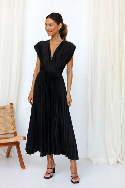 Elegant Dresses- Elegant Satin Pleated Tie-Back Plunge Midi Dress- - Pekosa Women Clothing