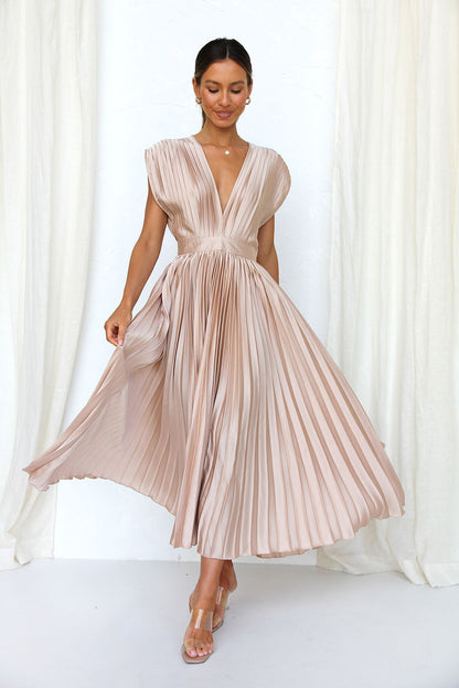 Elegant Dresses- Elegant Satin Pleated Tie-Back Plunge Midi Dress- - Pekosa Women Clothing