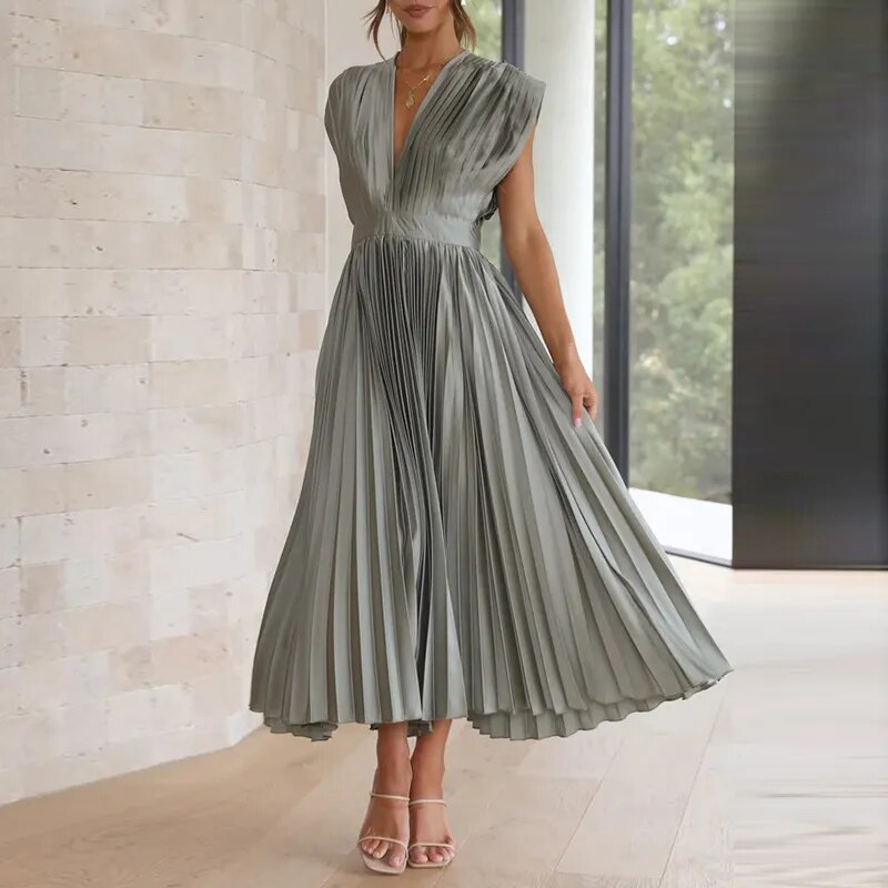 Elegant Dresses- Elegant Satin Pleated Tie-Back Plunge Midi Dress- - Pekosa Women Clothing