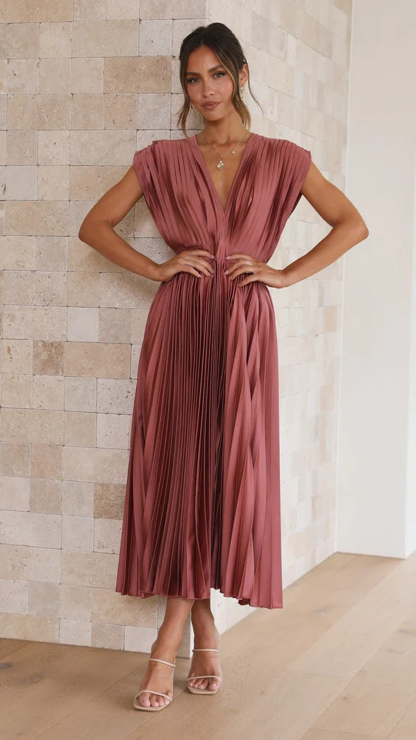 Elegant Dresses- Elegant Satin Pleated Tie-Back Plunge Midi Dress- - Pekosa Women Clothing