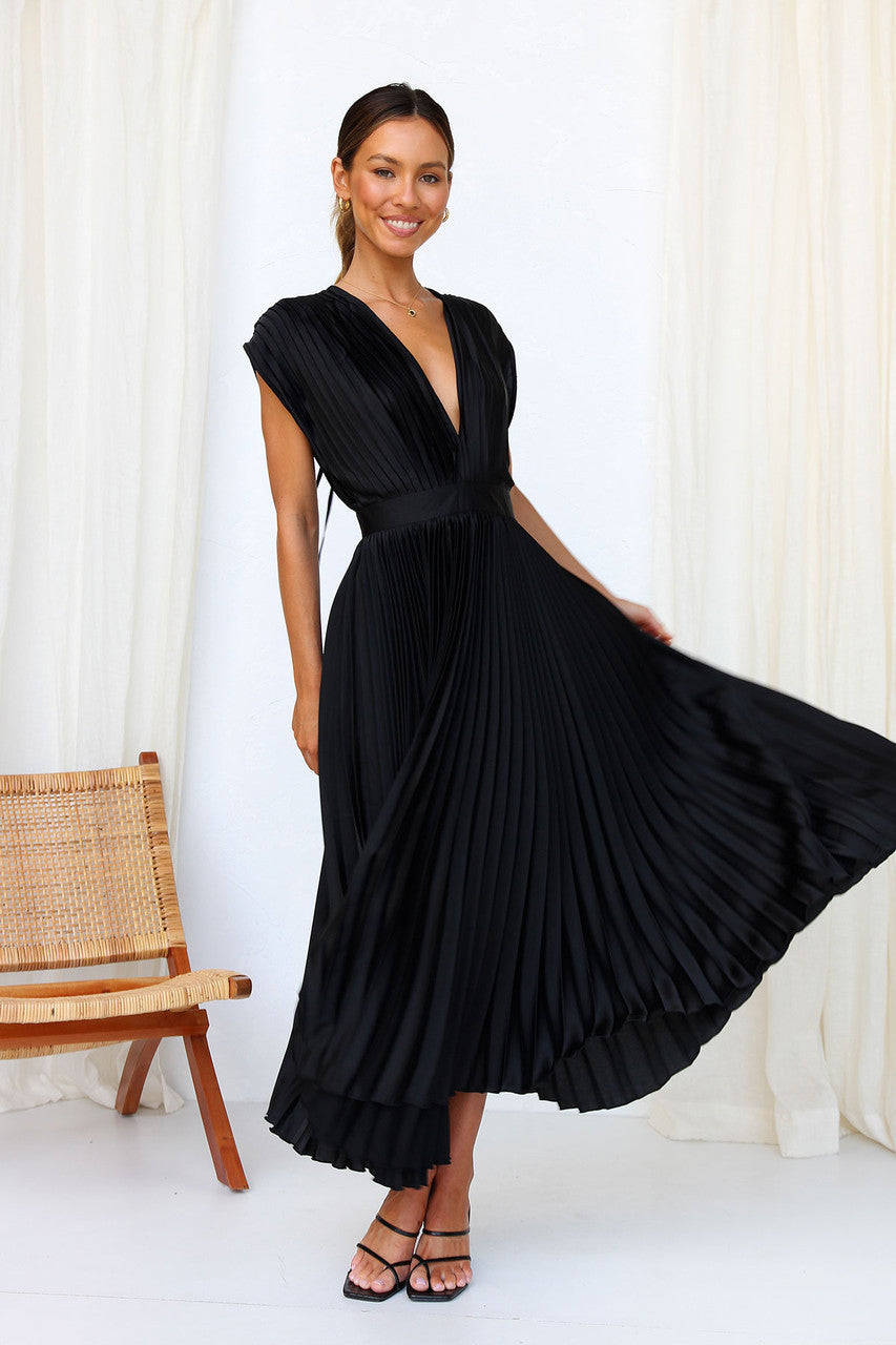 Elegant Dresses- Elegant Satin Pleated Tie-Back Plunge Midi Dress- - Pekosa Women Clothing