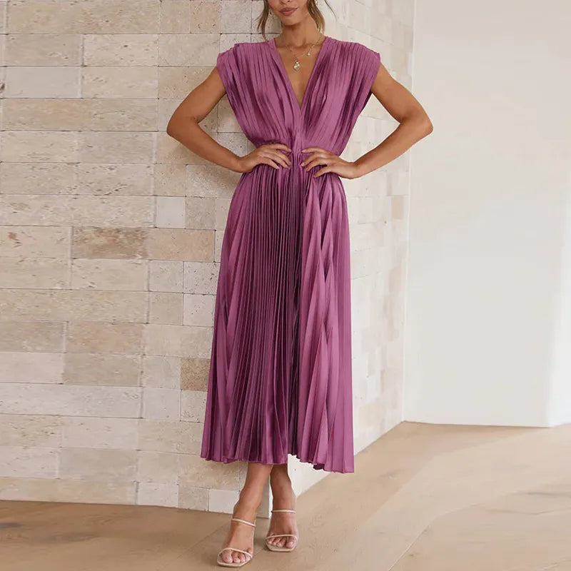 Elegant Dresses- Elegant Satin Pleated Tie-Back Plunge Midi Dress- - Pekosa Women Clothing